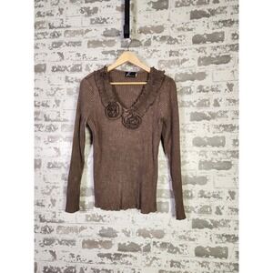 Fenini Artsy Top Size‎ Medium Brown Ruffles Flowers Ribbed Textured Stretchy